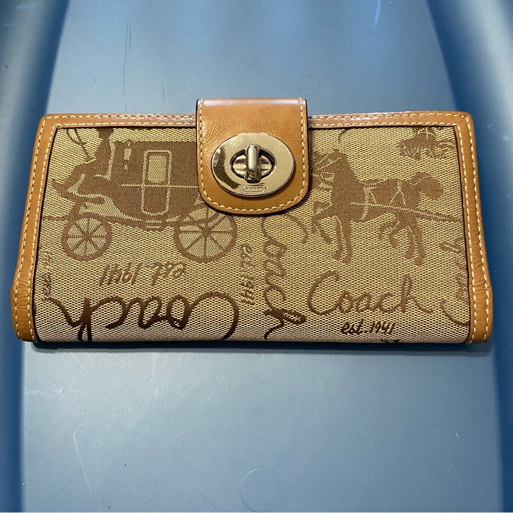 Coach Tan and Brown Turn-Lock Long Wallet - Classic Design